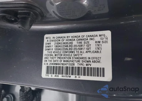 2016 Honda Cr-V Ex-L z USA, uszkodzony, nr VIN 2HKRM4H78GH715528